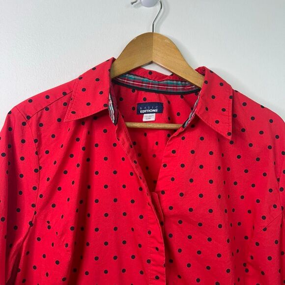 Vintage Basic Editions Red Black Polka Dot Button Up Blouse XXL‎ Sears Cotton - Picture 2 of 11